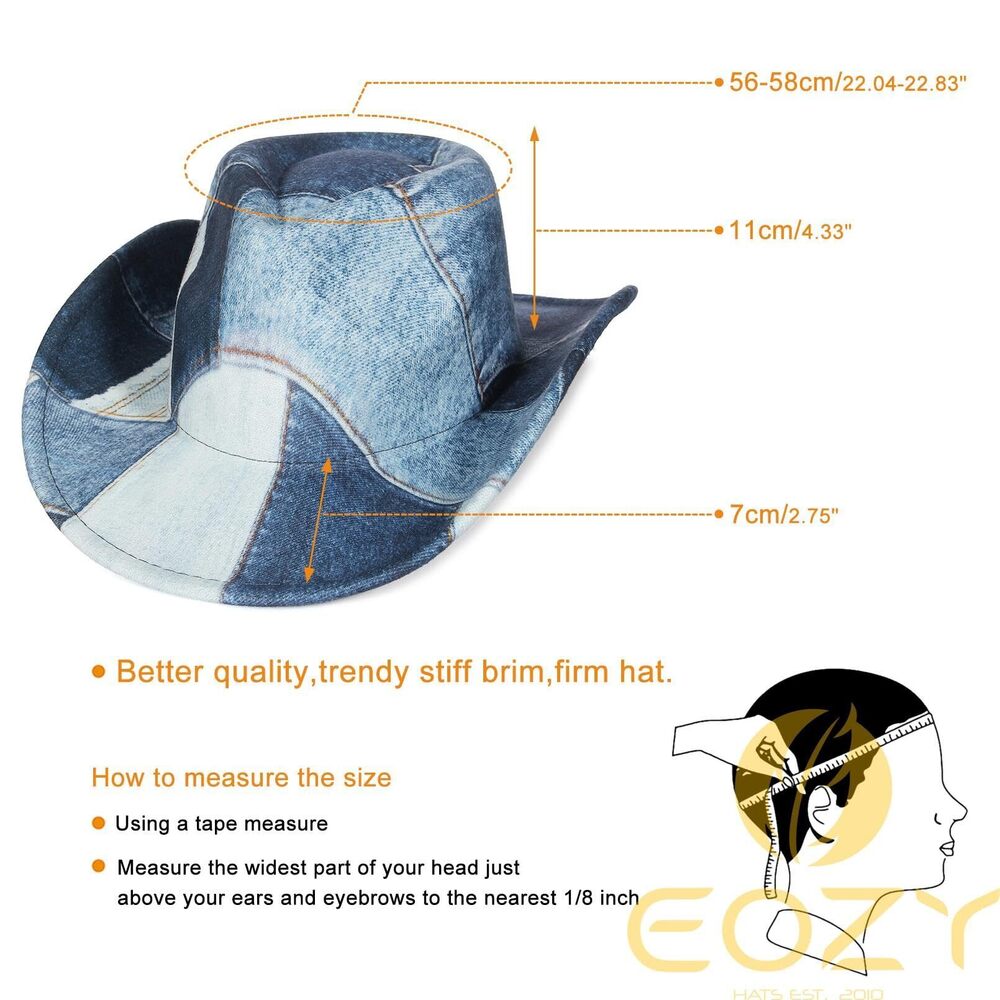 3574 Tie Dye Denim Patchwork Cowboy Hat For Women Men Western Wide Brim - Picture 7 of 7